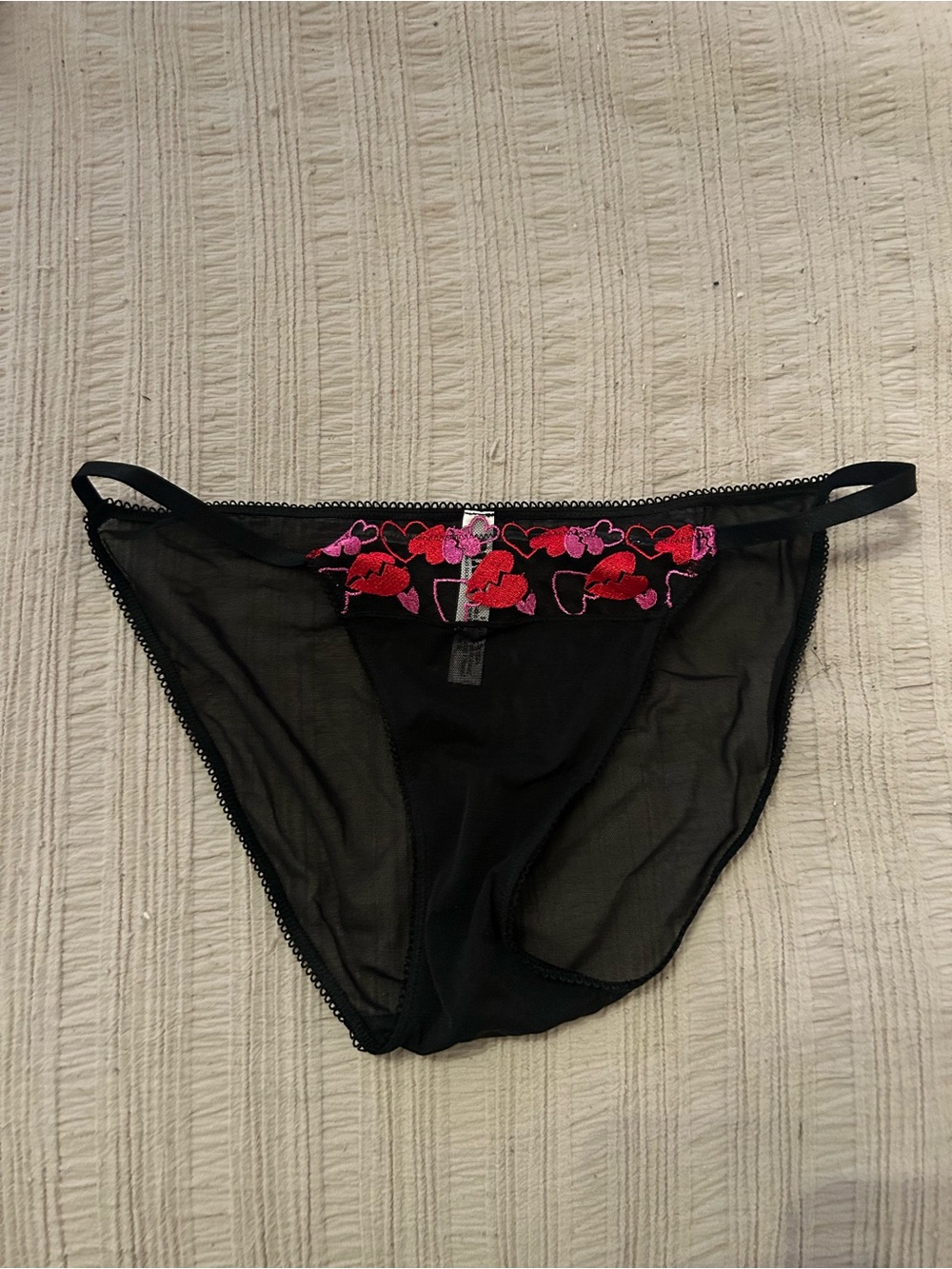 Sheer Black Bikini Briefs with Pink & Red Floral Embroidery